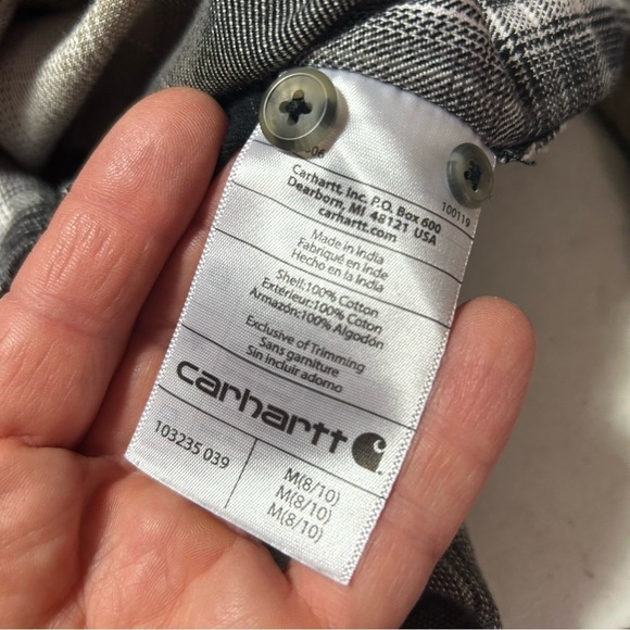 Carhartt Flannel Plaid Hooded Medium Button Down Shirt Oversized Gray Tan - Picture 5 of 6